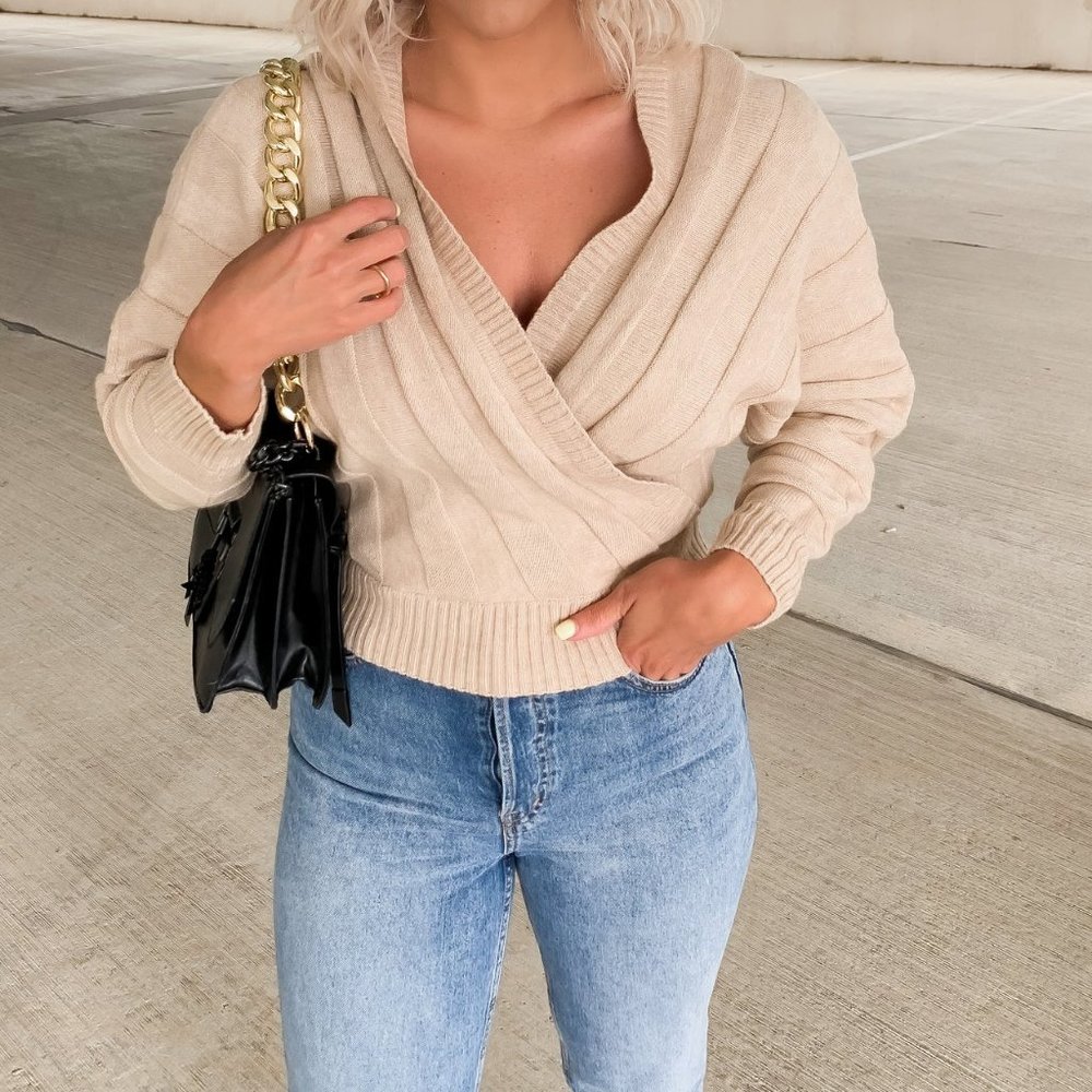 Beige Cream Wrap Sweater With Key Hole Back